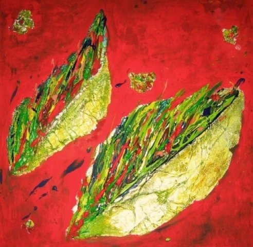 HAPPY LEAVES acryl op linnen 50 x 50 cm in strakke zwarte baklijst 650 euro